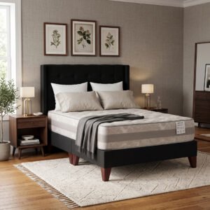 Cama 2 plazas Europea negro Colosal con respaldo Button torre